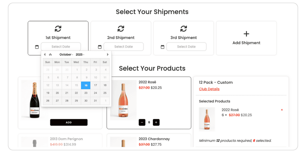 Custom schedule signup letting members choose their preferred shipment dates and quantity