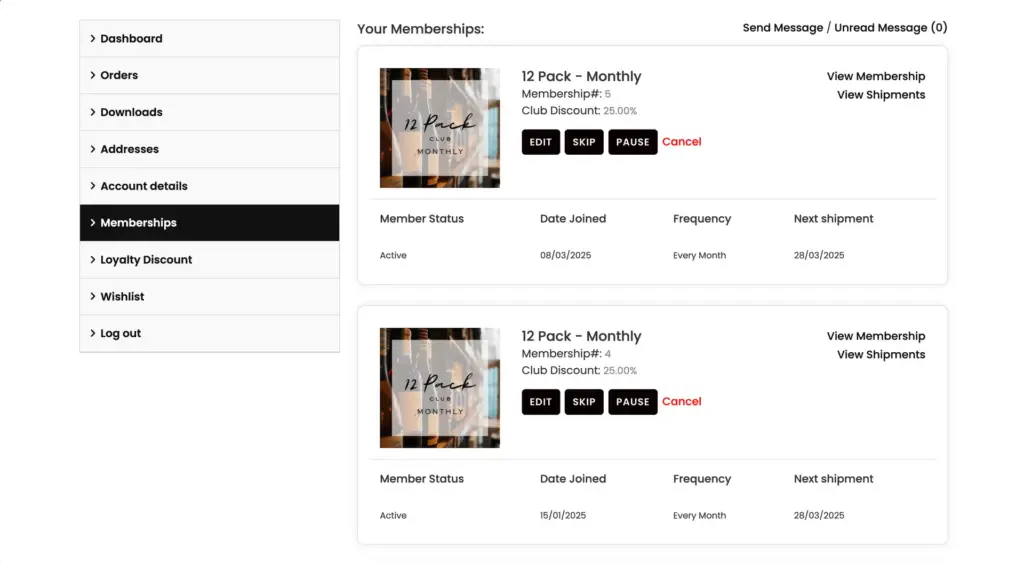 My Account memberships portal where customers view and manage their subscription clubs