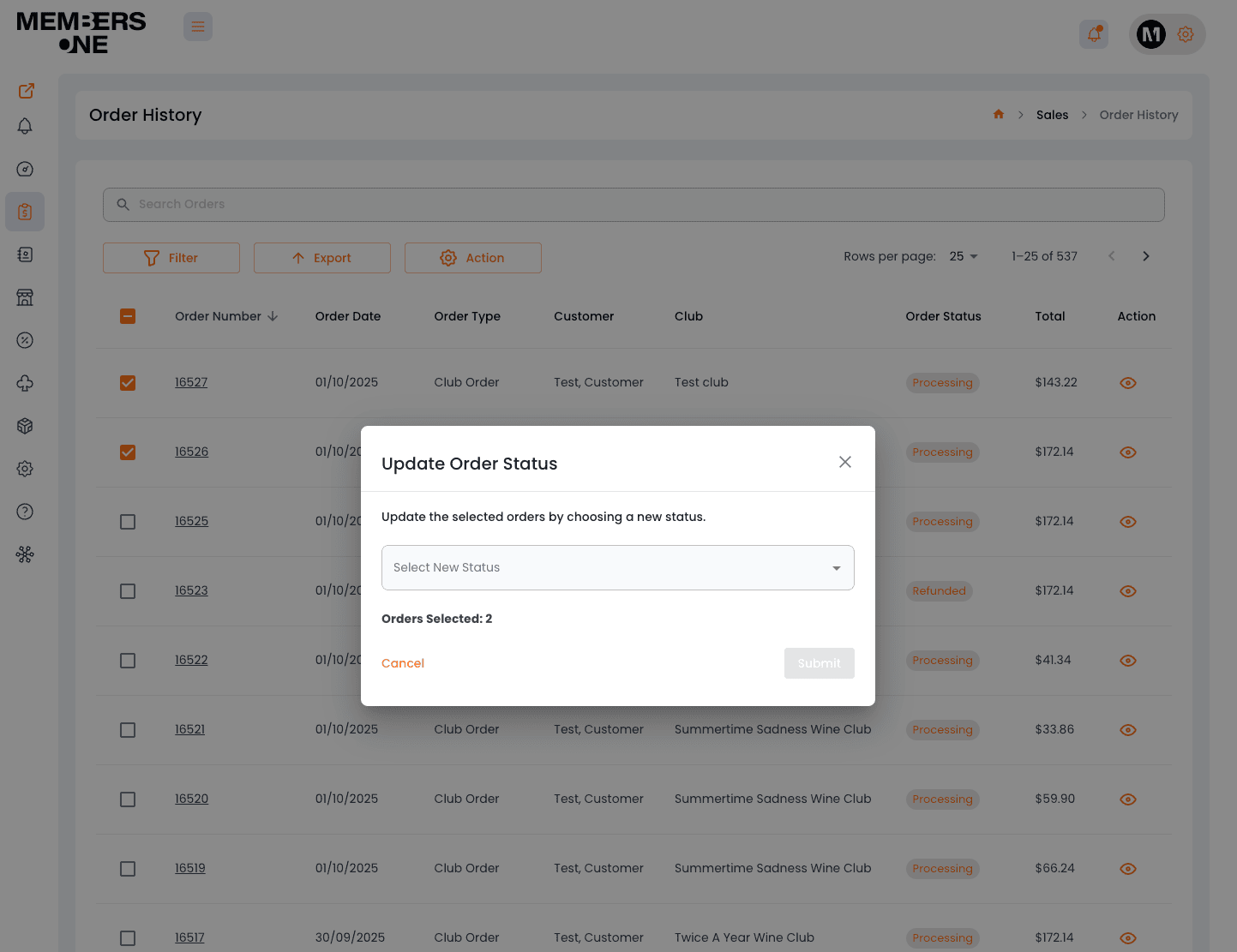 Updating WooCommerce order statuses directly from the Members One Vendor Panel order list