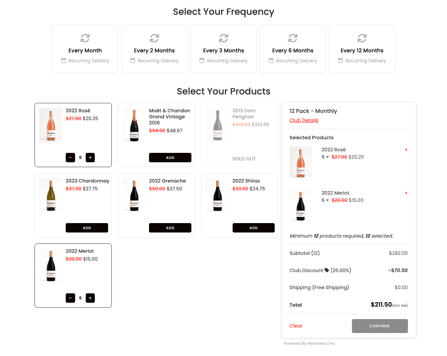 Members One membership widget displaying products across three columns during signup