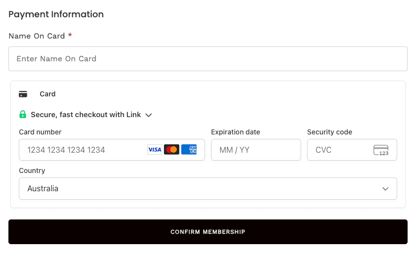Stripe Payment Element in the Members One club checkout accepting Apple Pay and Google Pay