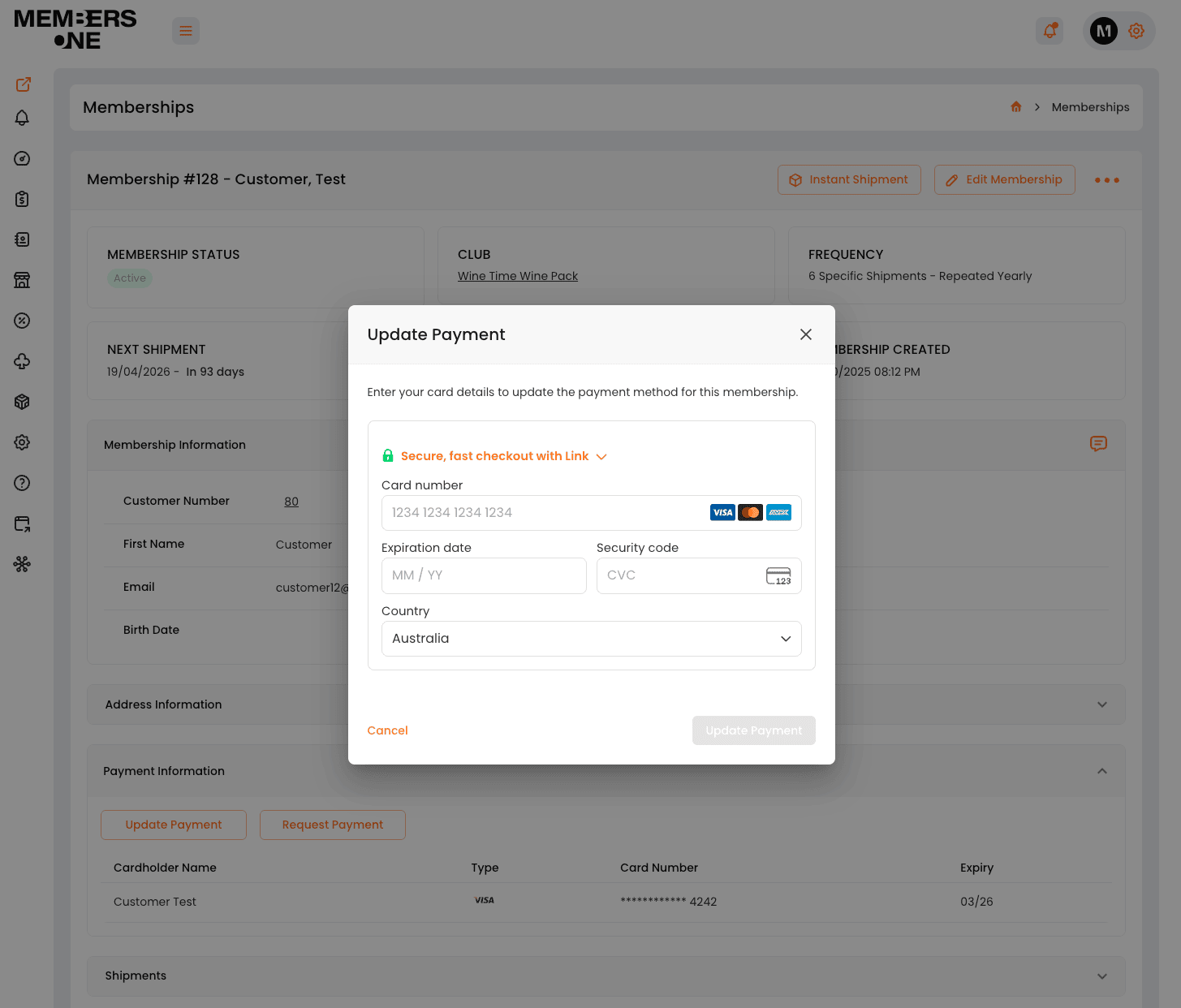 Updating a membership's credit card from the View Membership page in the Vendor Panel