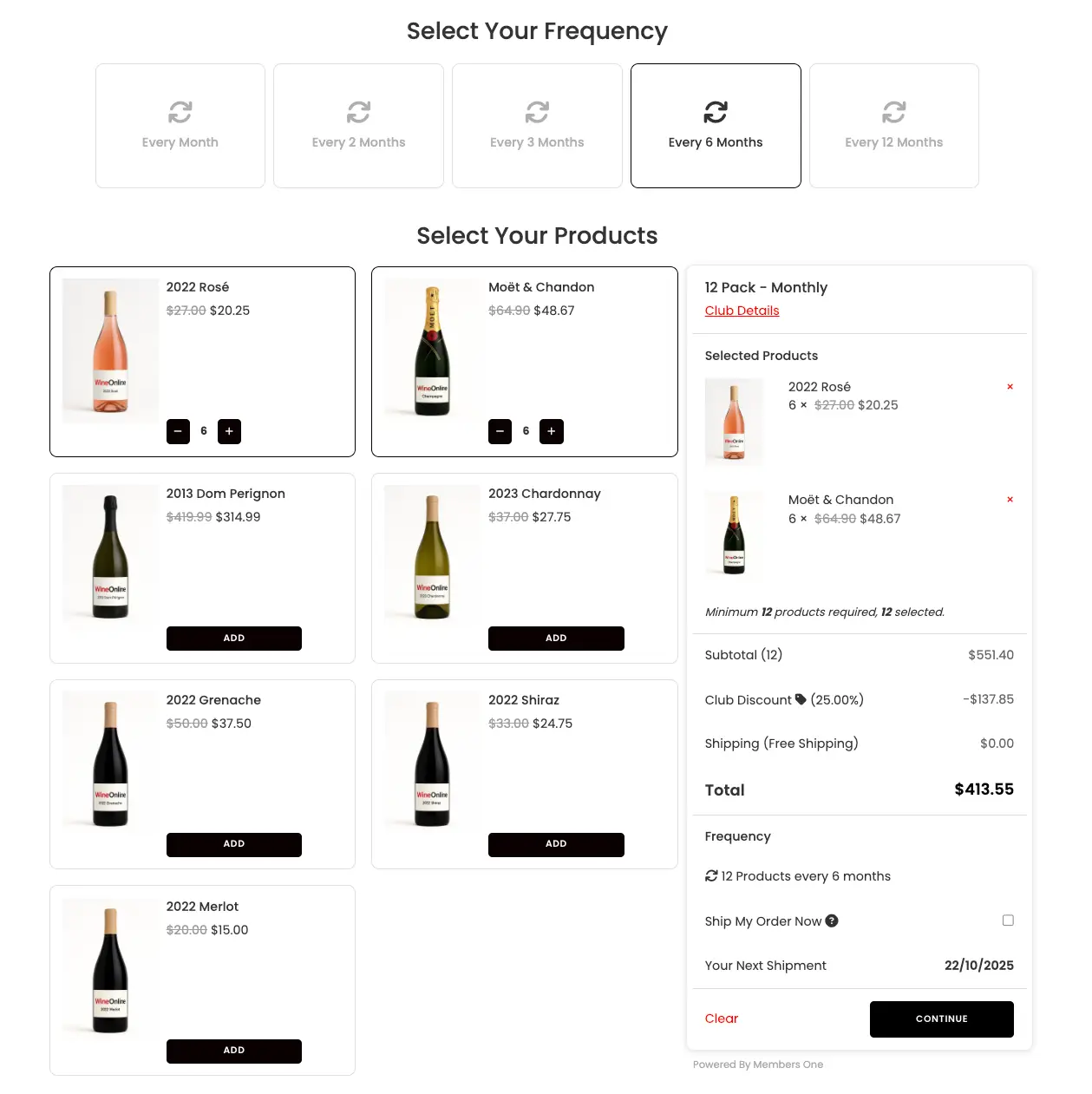 Members One widget product selection screen on a WordPress store
