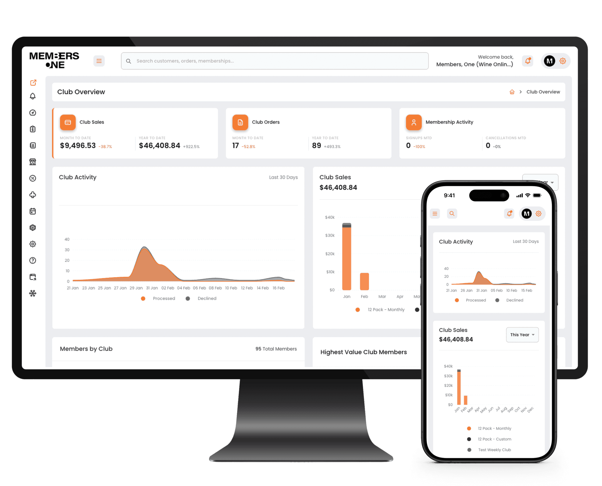 Subscription Club Dashboard displaying stats such as sales, orders, signups, cancellations, and order status.