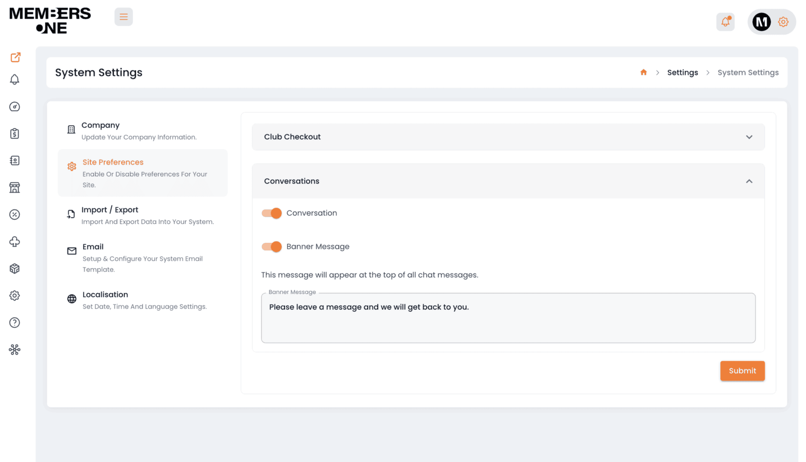 Conversation settings in Site Preferences to toggle the link and set a banner message