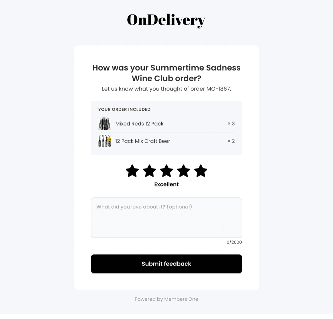 Customer feedback form showing the order product list, the five star rating selector and the optional comment box