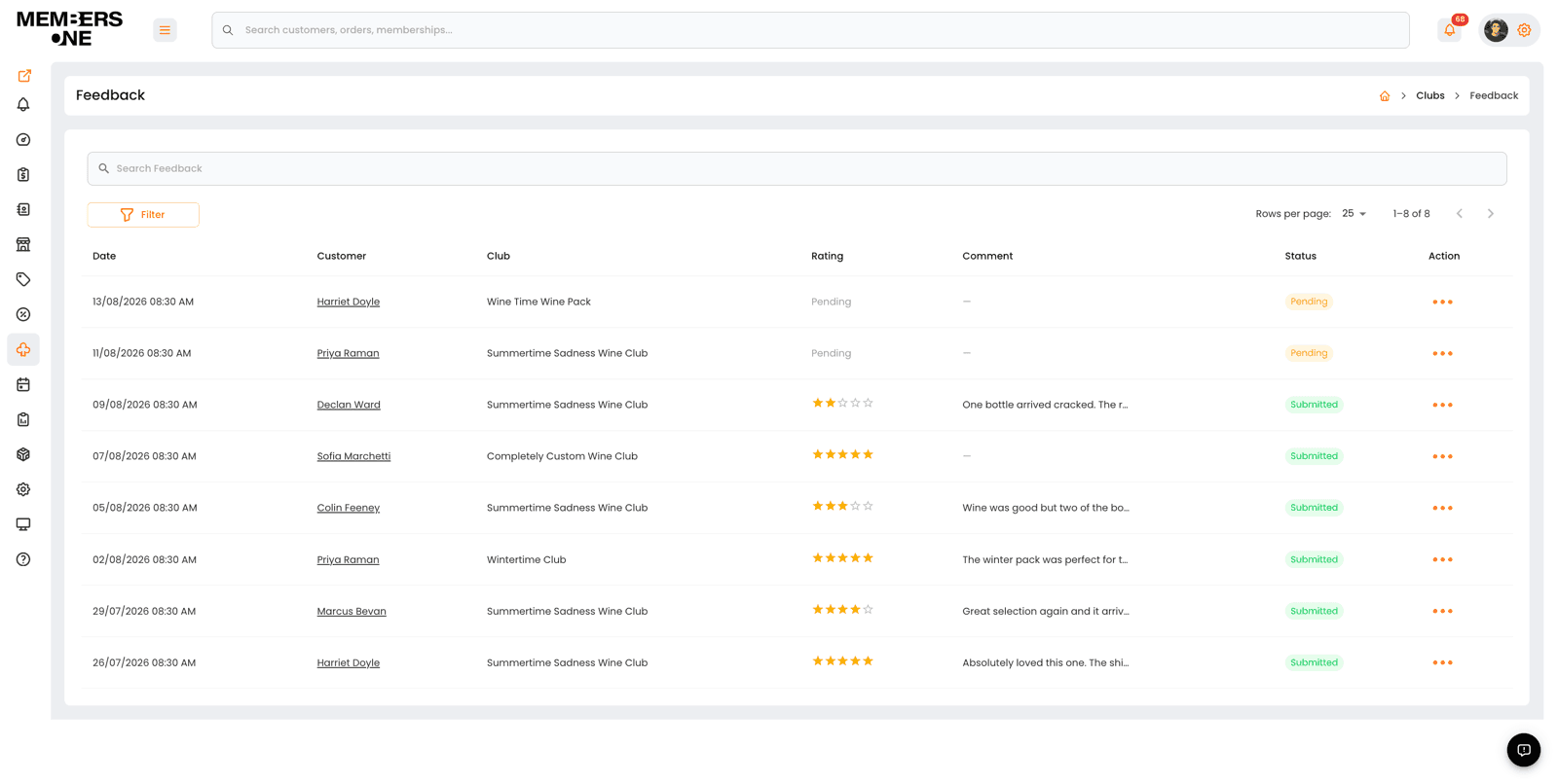 Feedback page in the vendor panel listing member responses with date, customer, club, star rating, comment and status