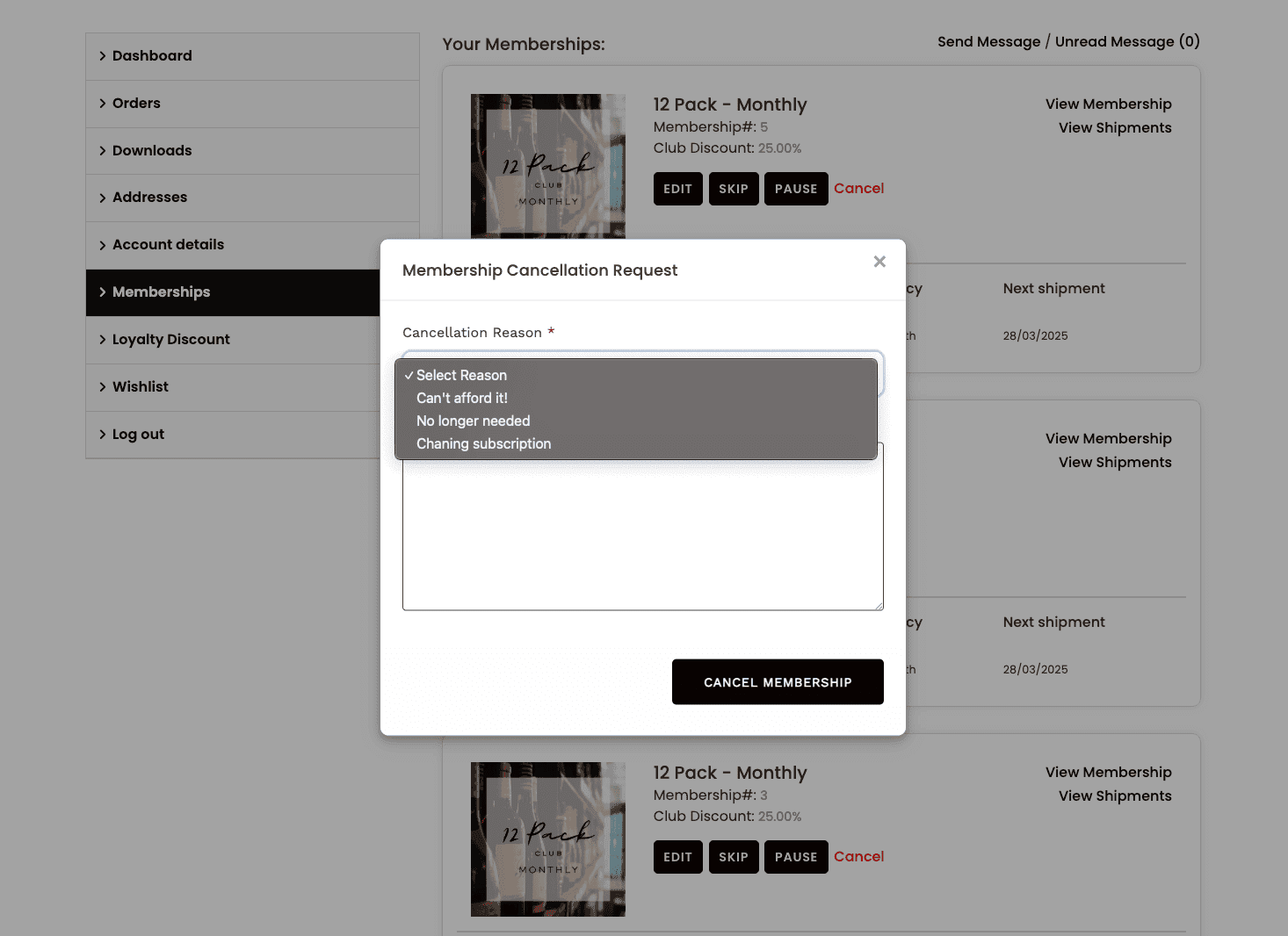 Cancellation reason selection a member sees when cancelling a membership from My Account