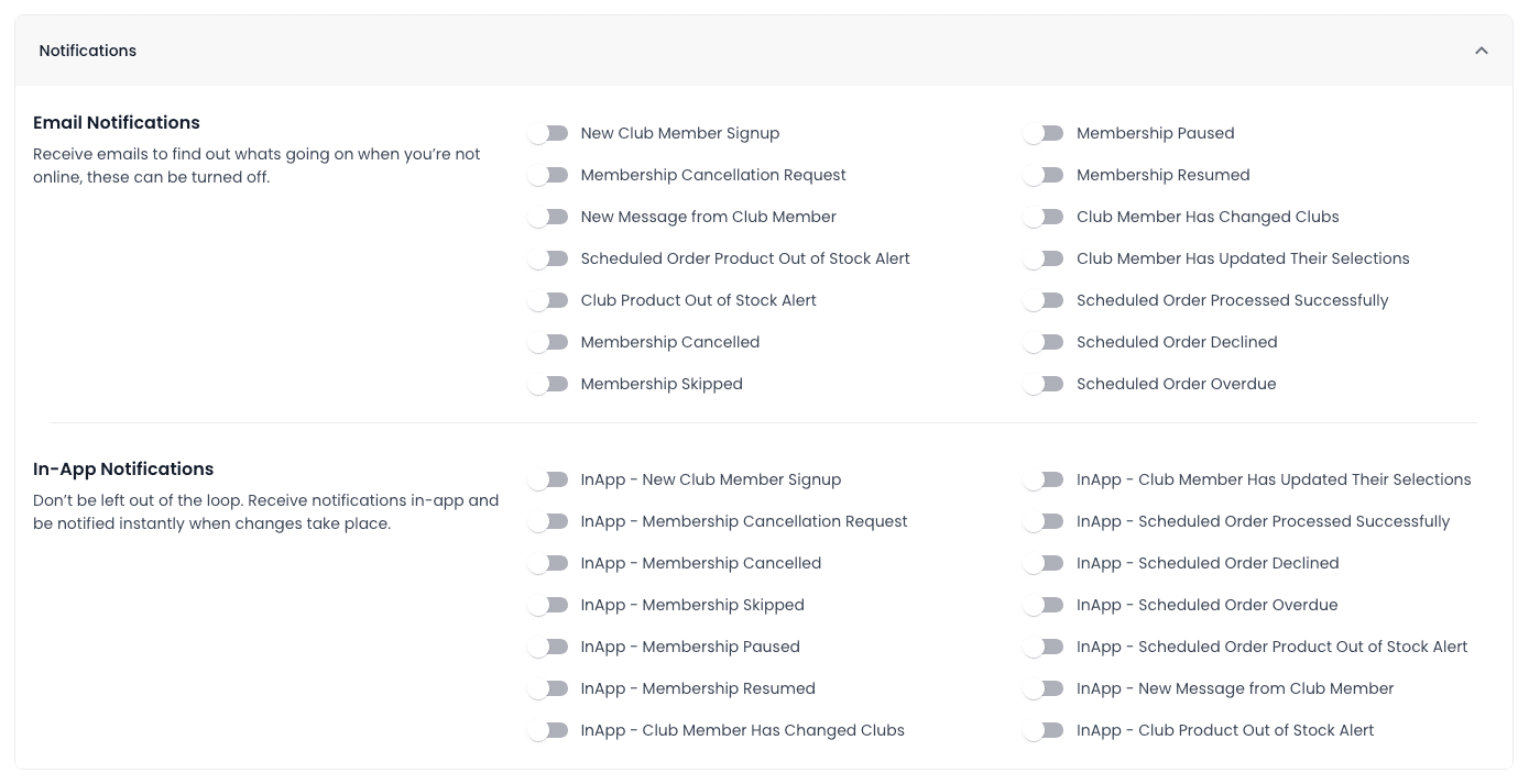 User settings with toggles to enable email and in-app notifications for the user