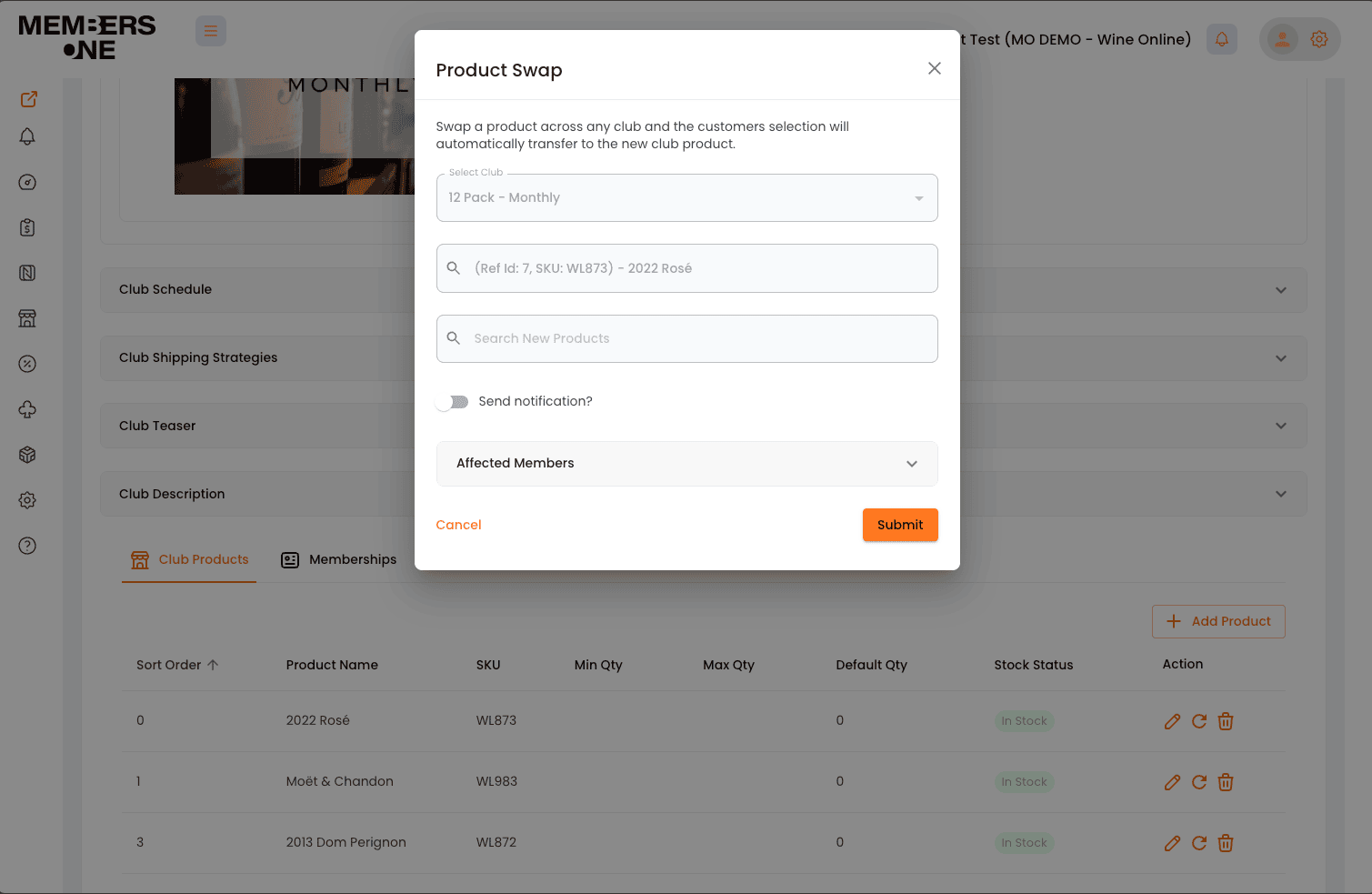 Product swap pop-up on the club view page for swapping a specific product within a club