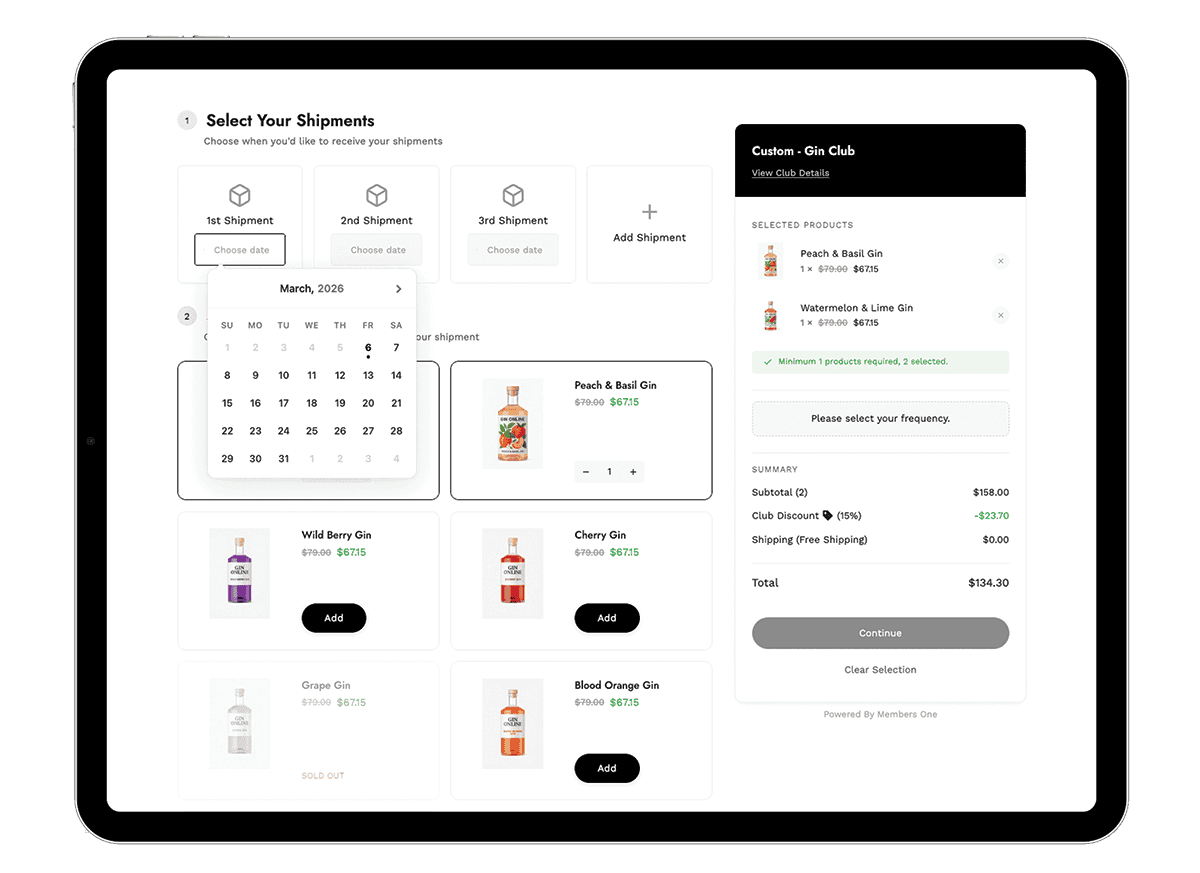 Tablet displaying the Members One product selection widget for a gin subscription club