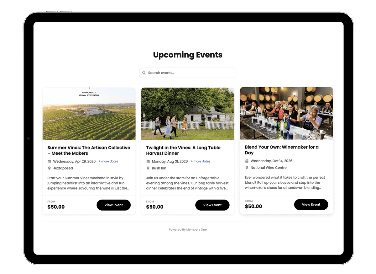 Upcoming Events page on an iPad listing a long table harvest dinner, a meet the makers weekend and a winemaker blending session, each with dates, location and ticket price