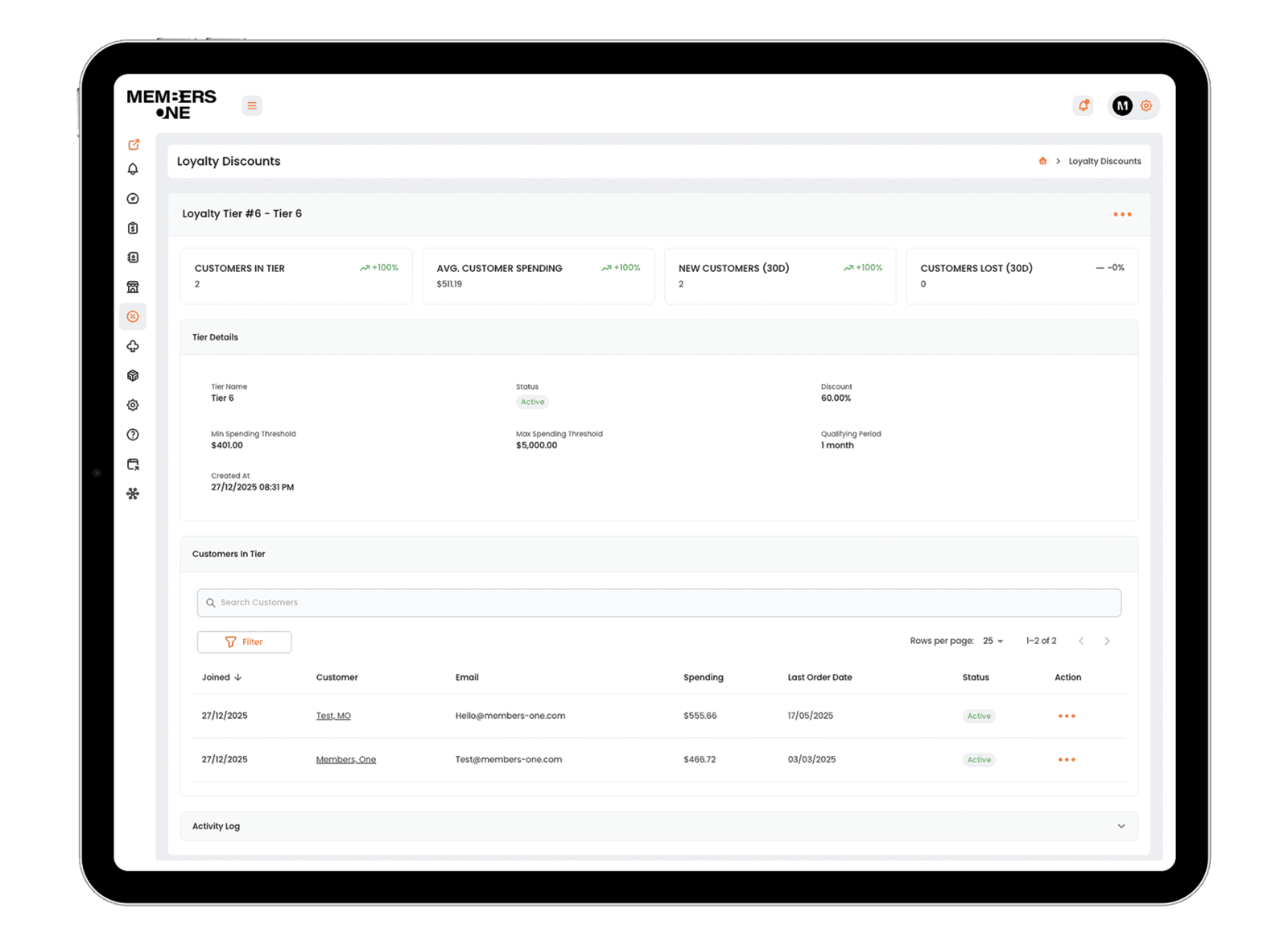 Loyalty Discounts dashboard where businesses can set spending thresholds and assign discount percentages.