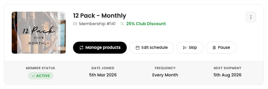 Members One membership portal card for a 12 Pack monthly club, where members can manage products, edit their schedule, skip or pause deliveries, and see their status and next shipment.