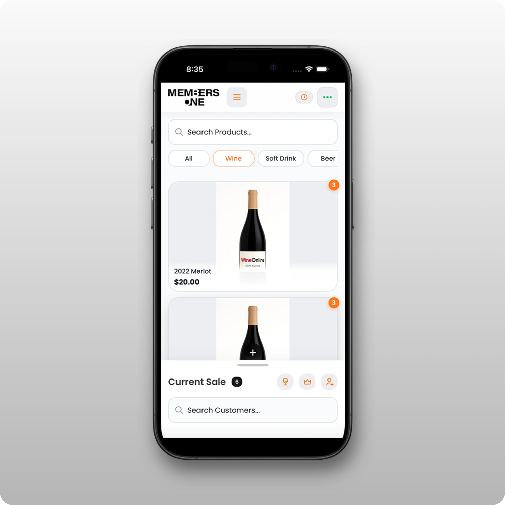 MO POS on an iPhone: searching products and ringing up a wine sale at the cellar door