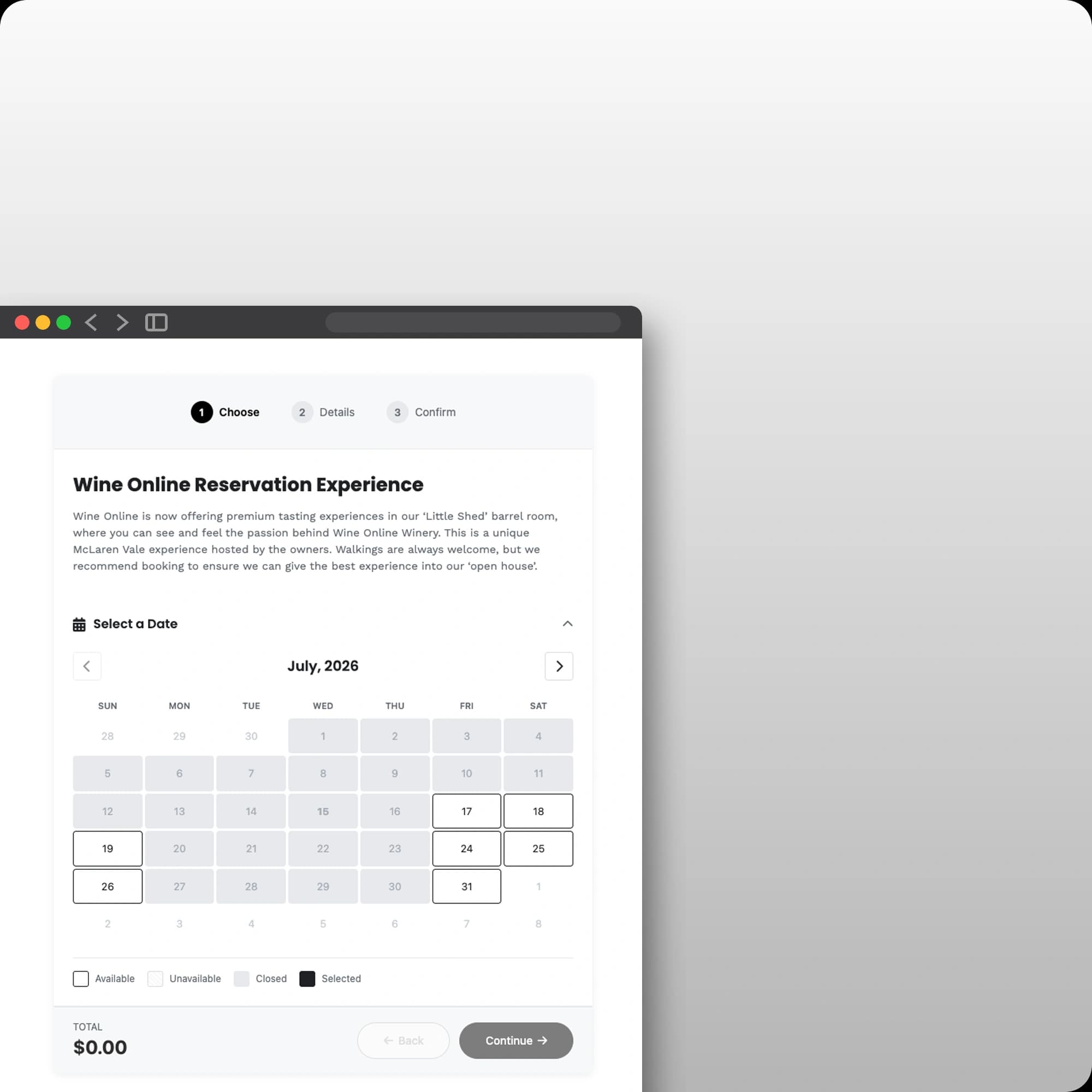 Tasting reservation widget: choosing an available date for a barrel-room experience