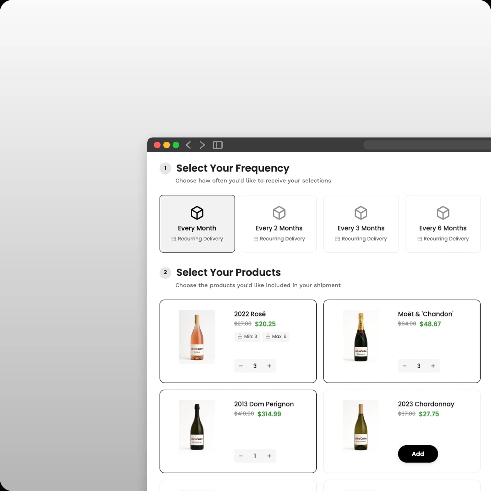Club signup widget: choosing a delivery frequency and wines for the shipment, with member pricing