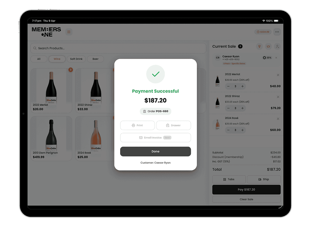 Members One POS payment successful screen on tablet showing order confirmation with print, cash drawer and email invoice options