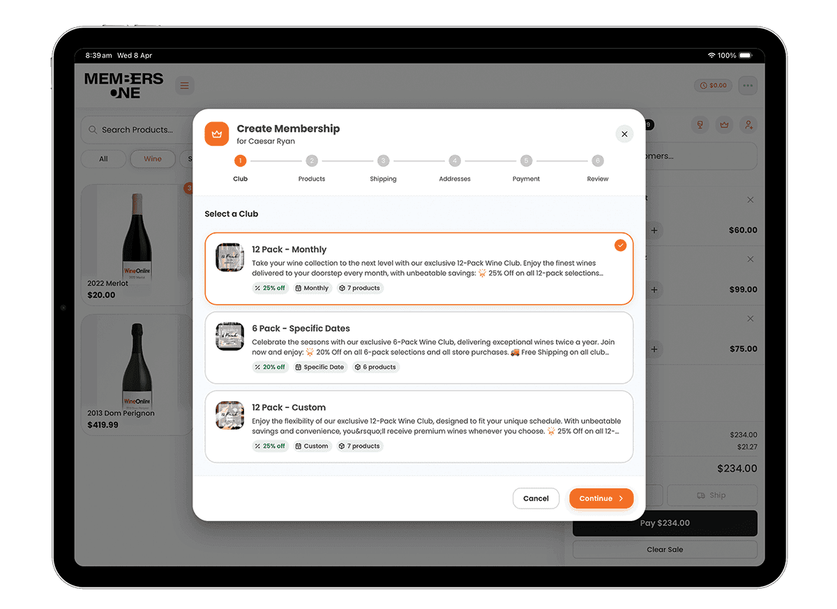 Members One POS club signup modal on tablet showing wine club membership options with pricing, frequency and product details