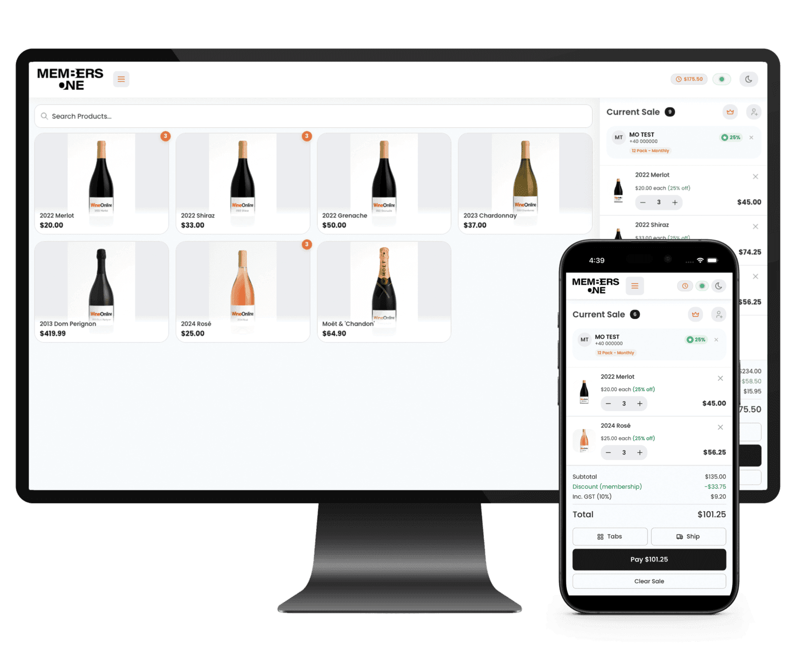 Members One POS interface on tablet and mobile showing wine products, customer order with membership discount applied, and payment screen