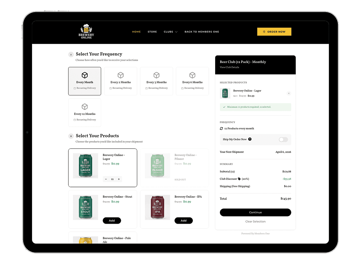 Members One subscription platform showing product selection and checkout options with member features like discounts and auto-complete.