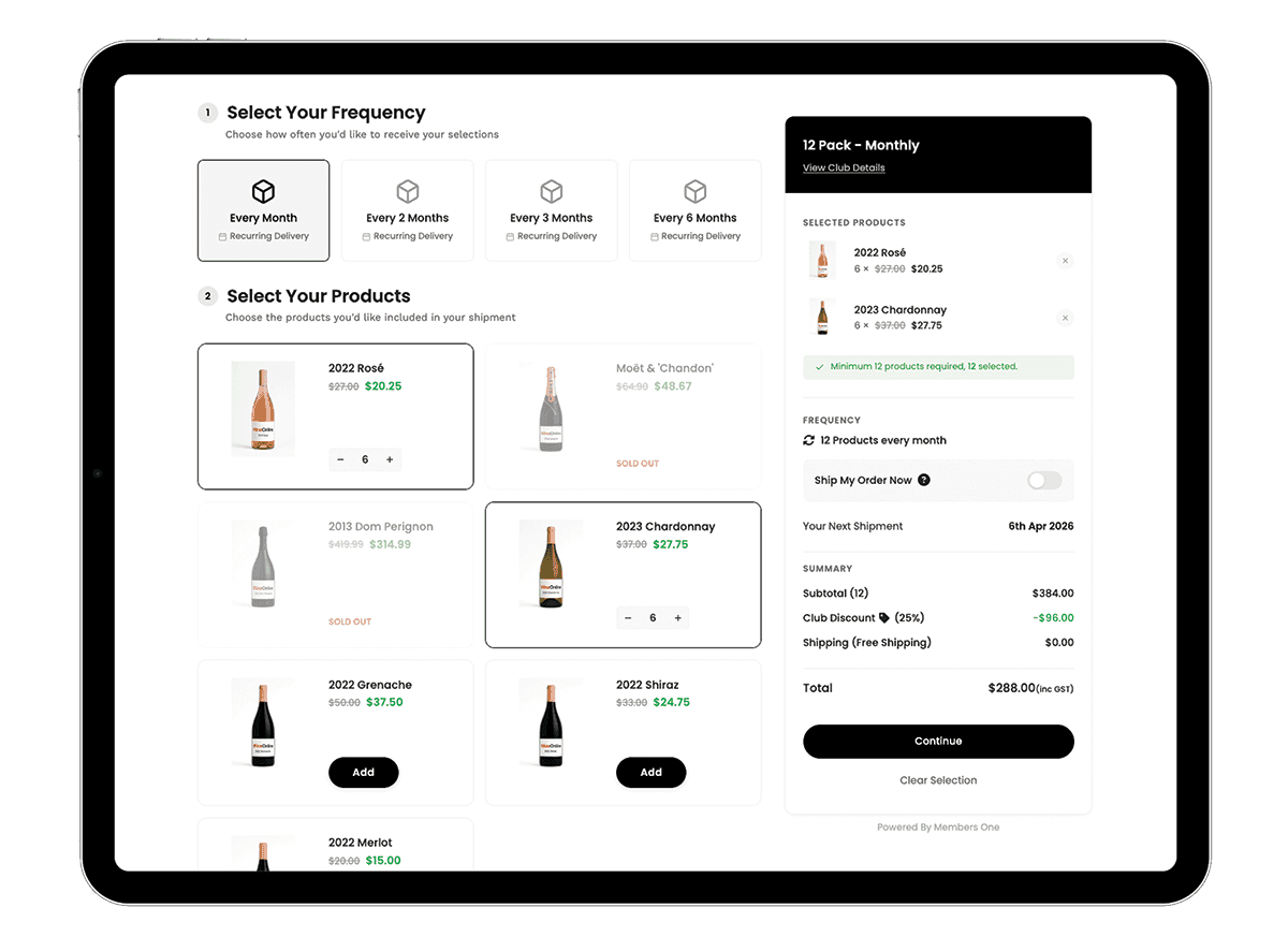 Members One dashboard showing subscription club setup with product selection, shipment scheduling, and automated membership features.