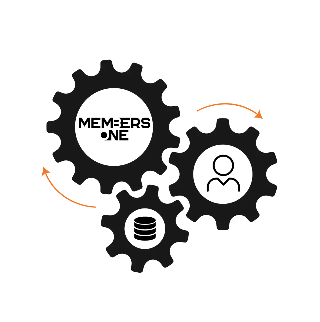 Members One Members One Graphic of cogs turning, representing custom integration solutions with Members One.