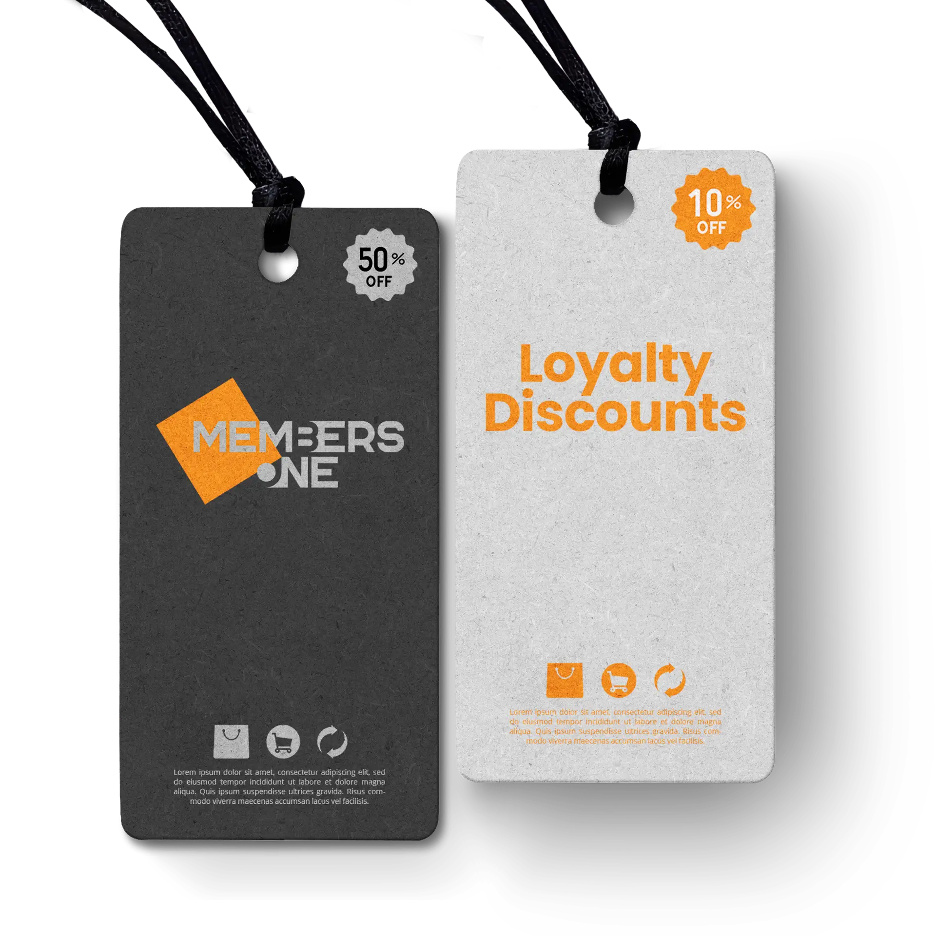 Members One Members One Graphic of two shopping tags representing loyalty discount tags.