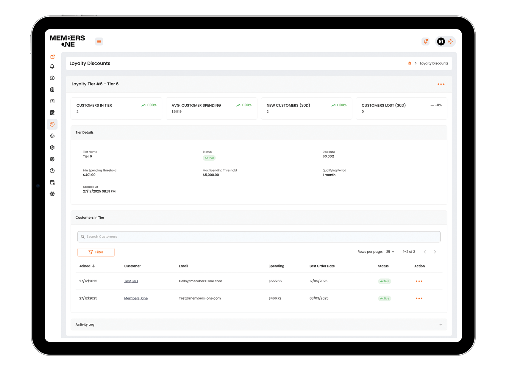 Members One Loyalty Discounts dashboard where businesses can set spending thresholds and assign discount percentages.