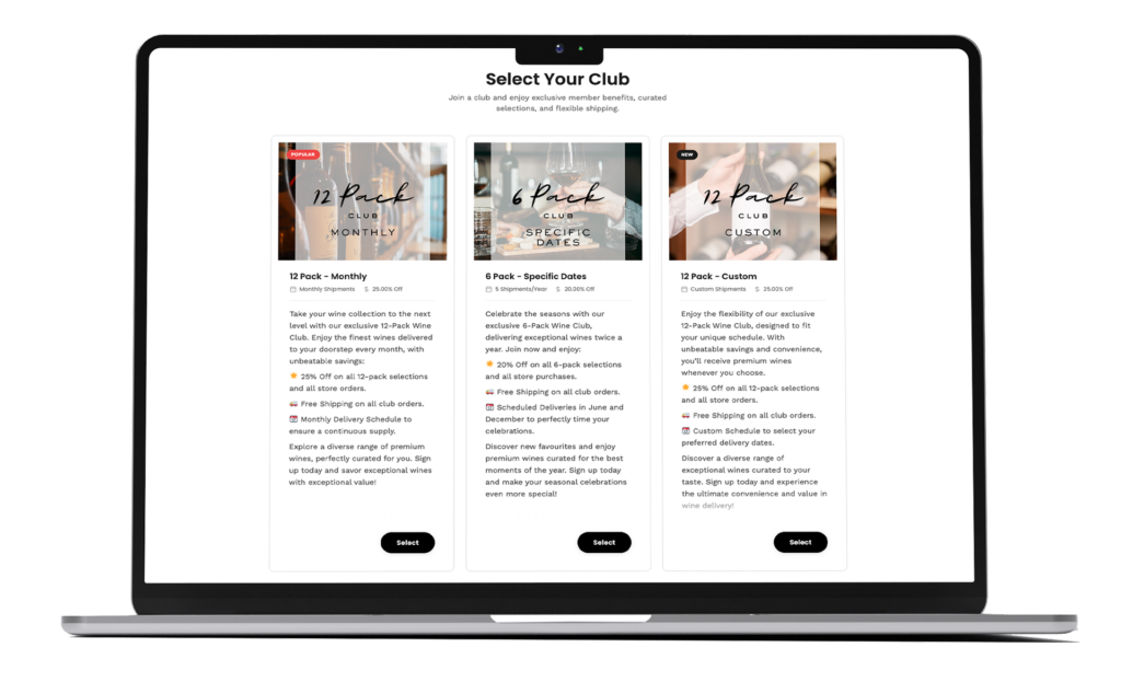 Members One Club selection screen in the Subscription Clubs Plugin, allowing customers to choose their preferred club.