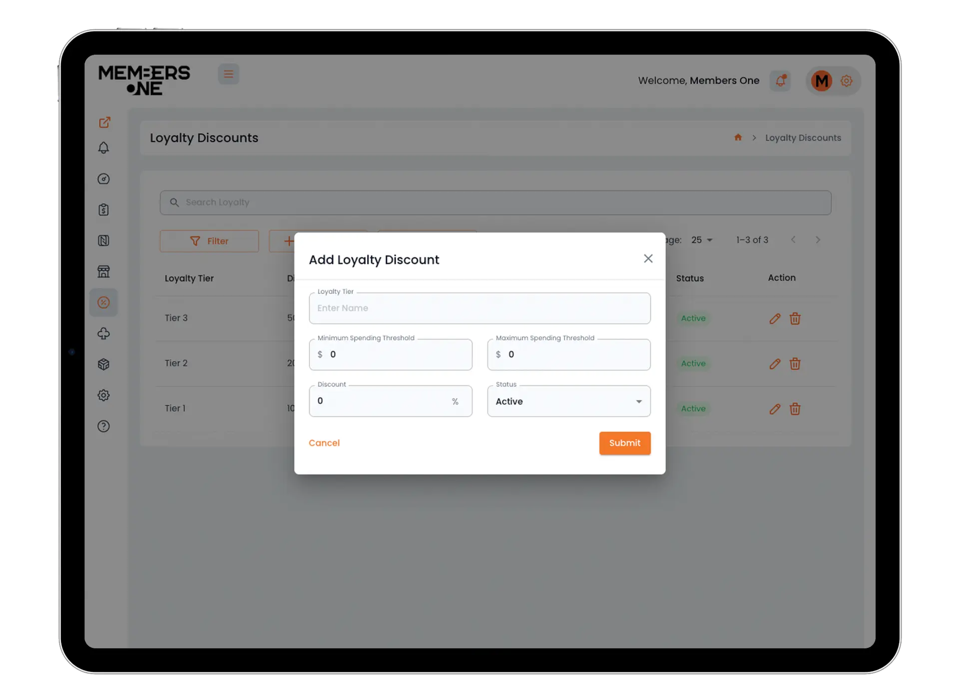 Members One Members One Loyalty Discounts dashboard where businesses can set spending thresholds and assign discount percentages.