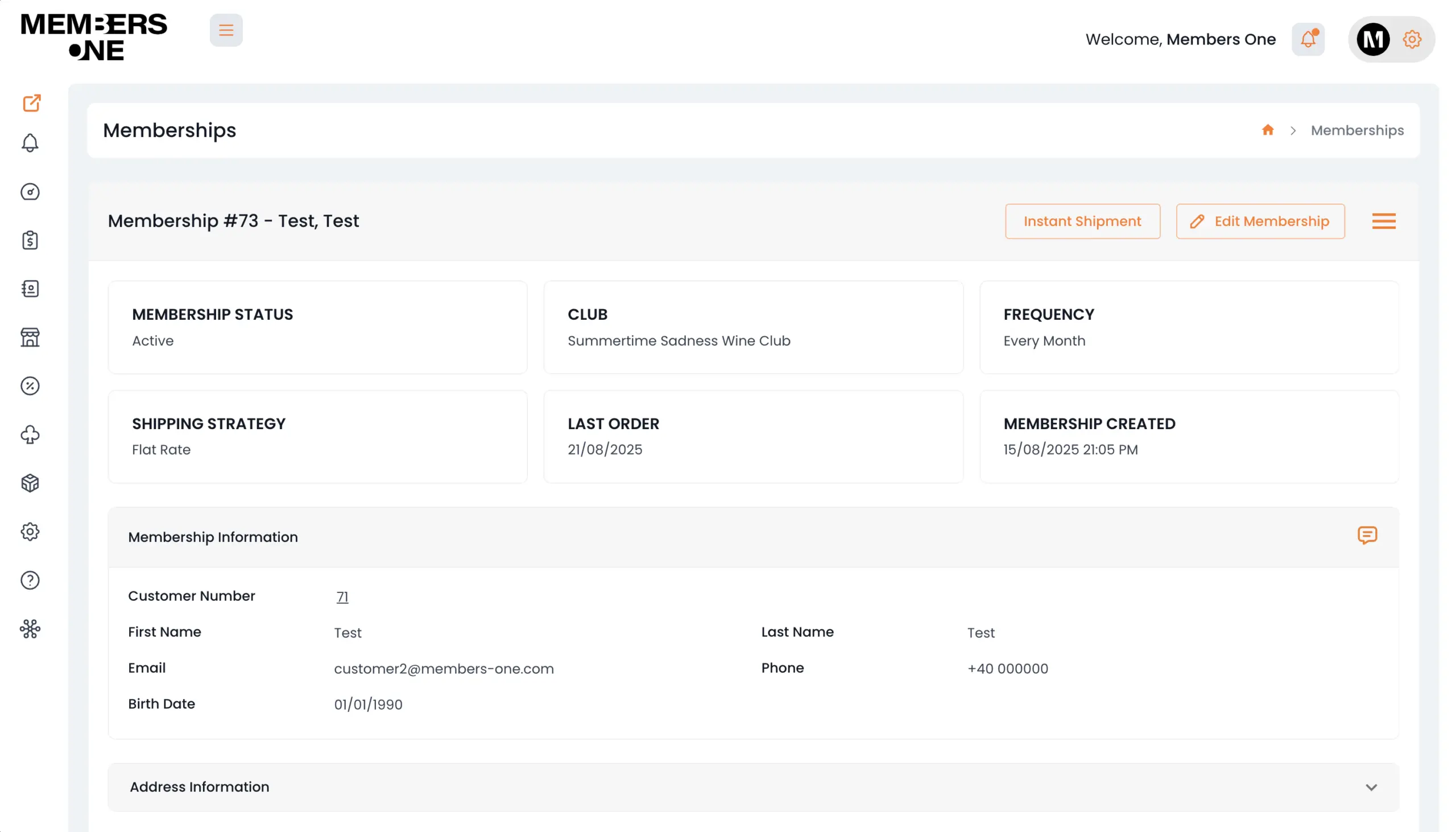 Members One membership details page showing customer information, club information, frequency, shipping strategy, shipments and products.