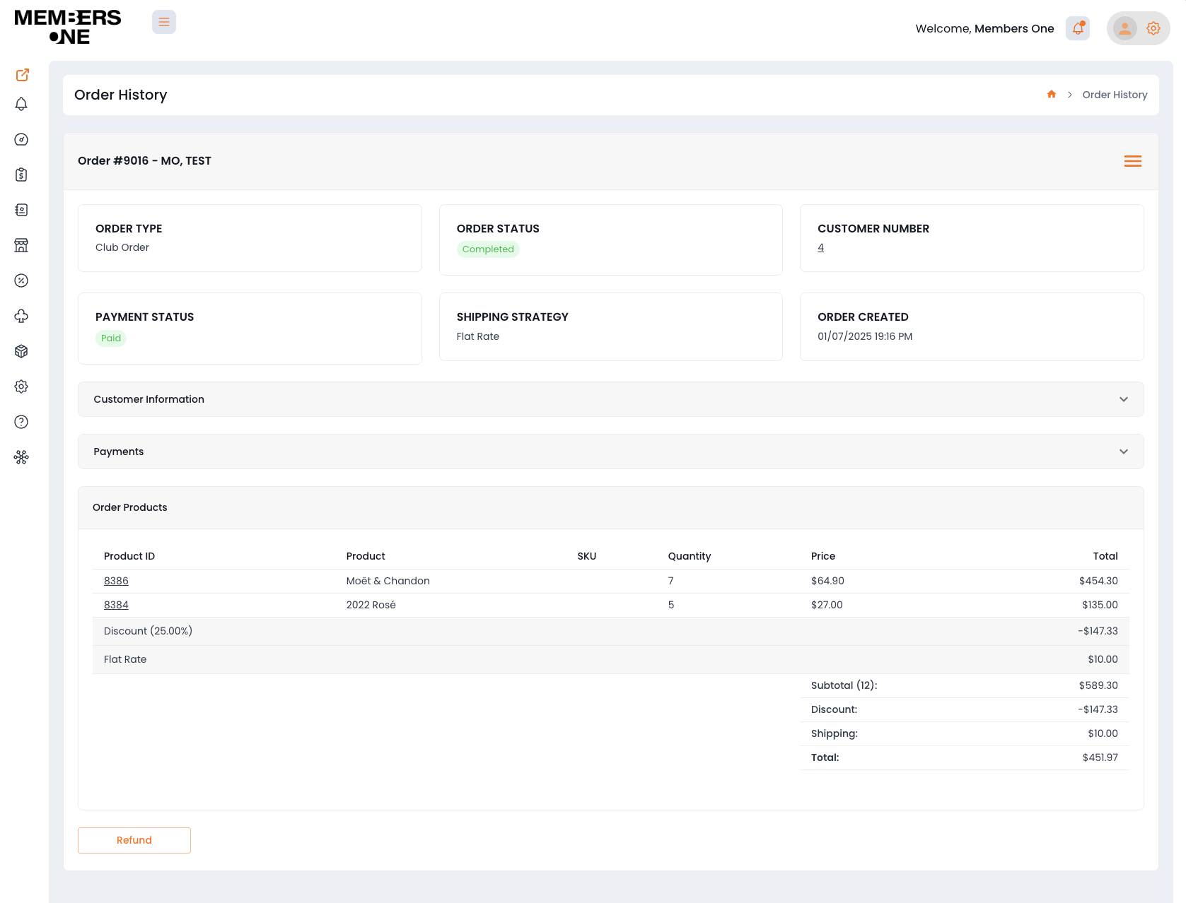Members One Order history view in Members One platform showing detailed order information including product, customer, club, and order totals.