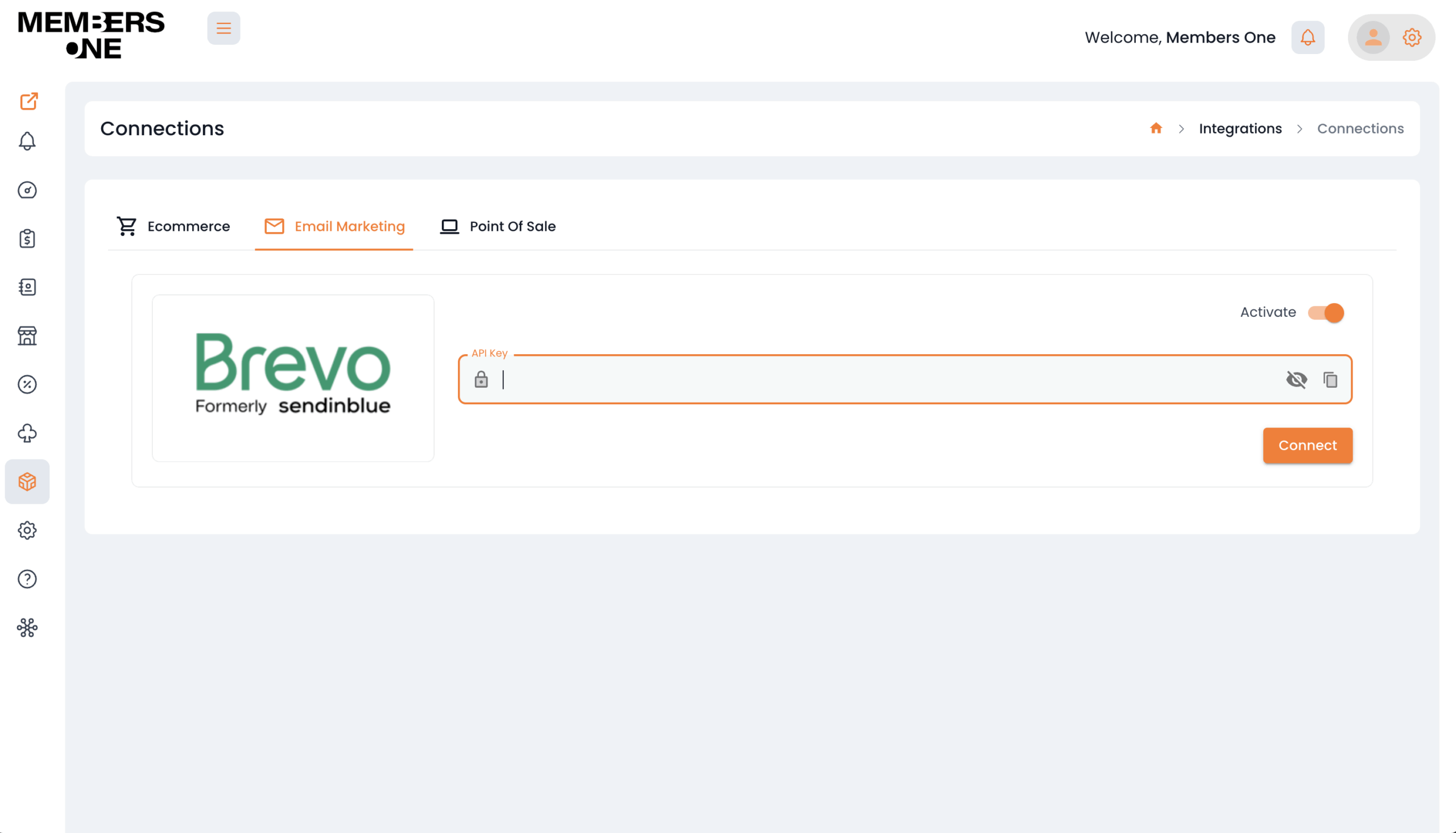 Members One Members One portal showing the Brevo integration page with API key input and connect button.