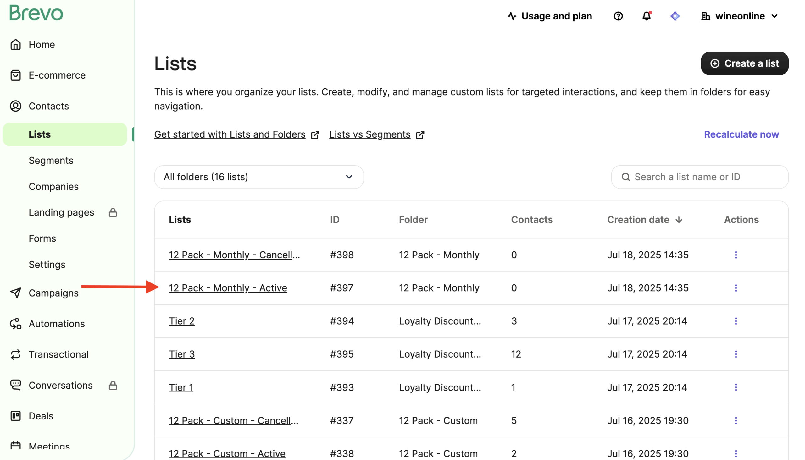 Members One Brevo Contacts Lists page showing active club and loyalty discount lists for email marketing.