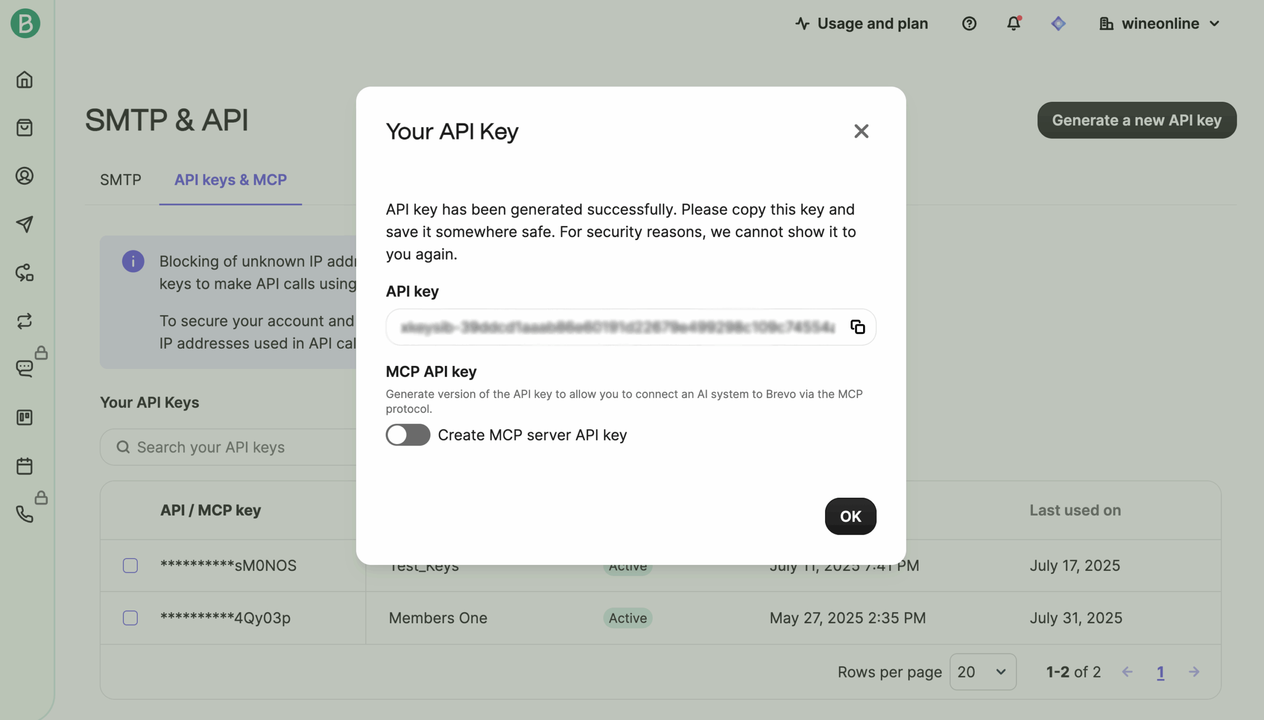 Members One Brevo displays a popup confirming that a new API key has been successfully created and must be copied and saved.
