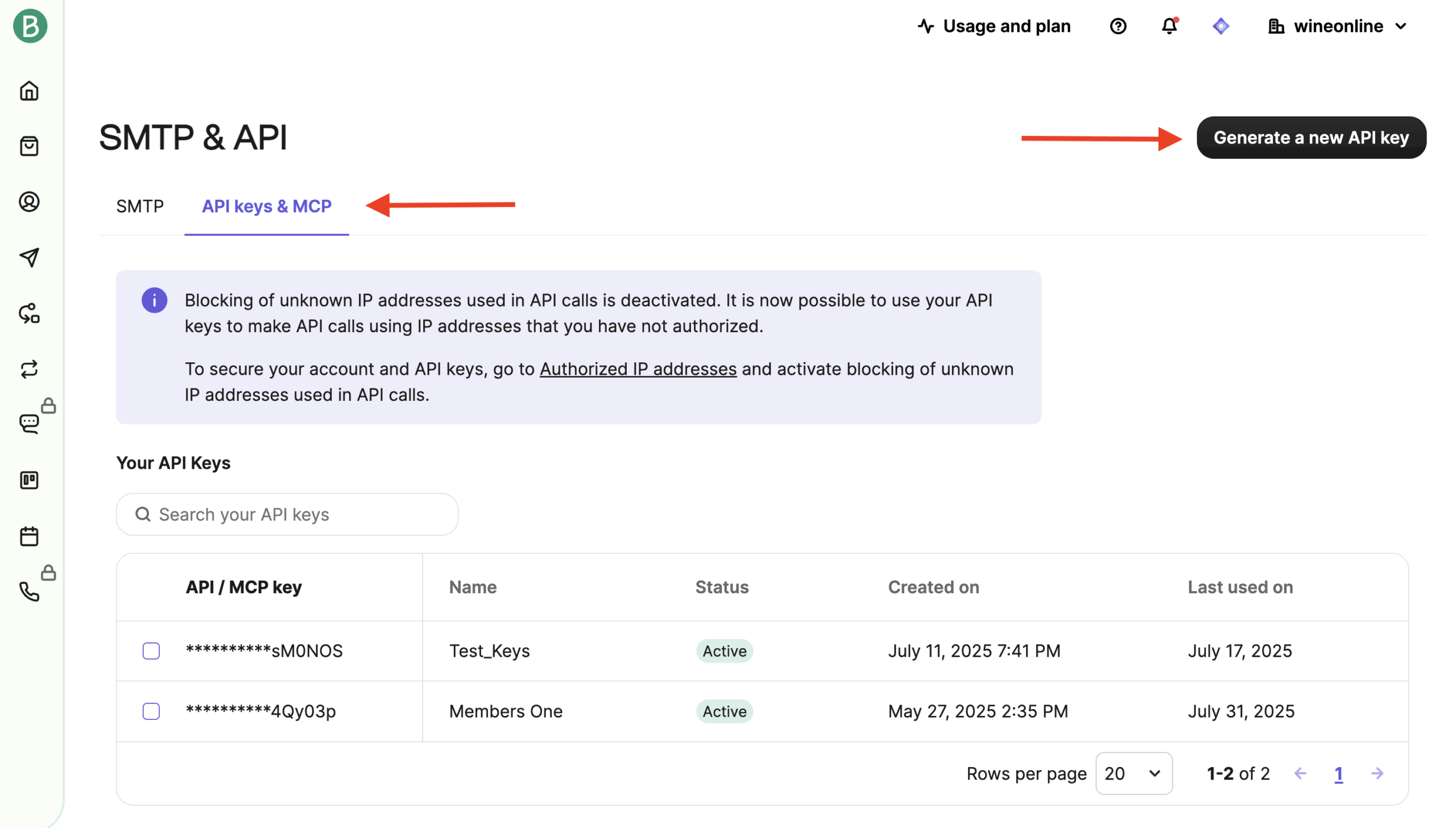 Members One Viewing the SMTP & API page in Brevo to locate API Keys & MCP and generate a new API key.