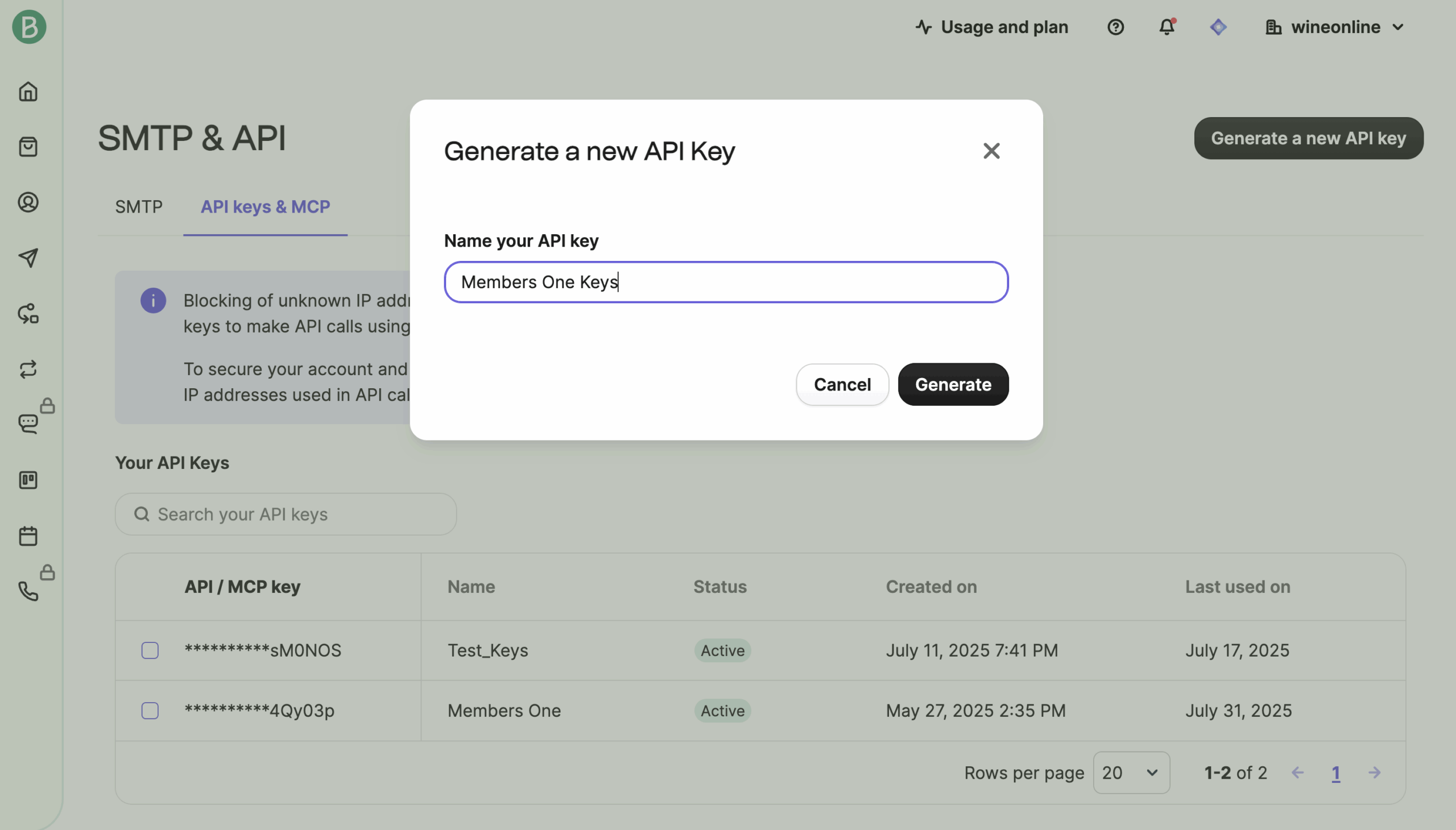Members One Naming a new API key in the Brevo SMTP & API settings, recommended as “Members One”.