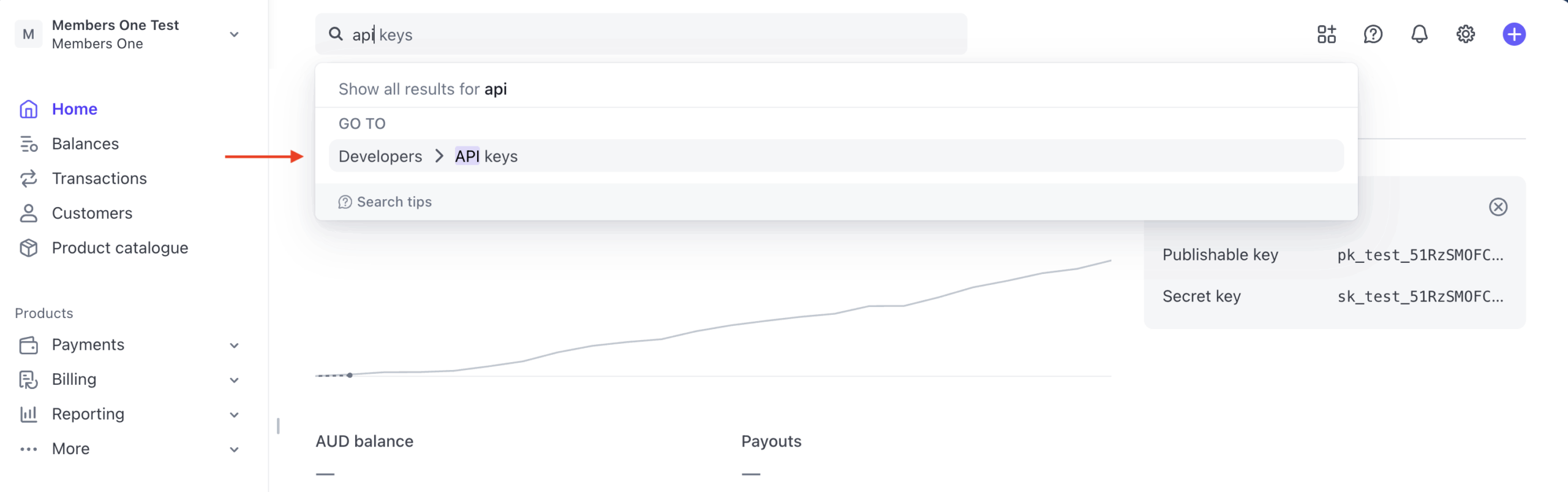 Members One Searching for Stripe API keys in the dashboard to connect with Members One