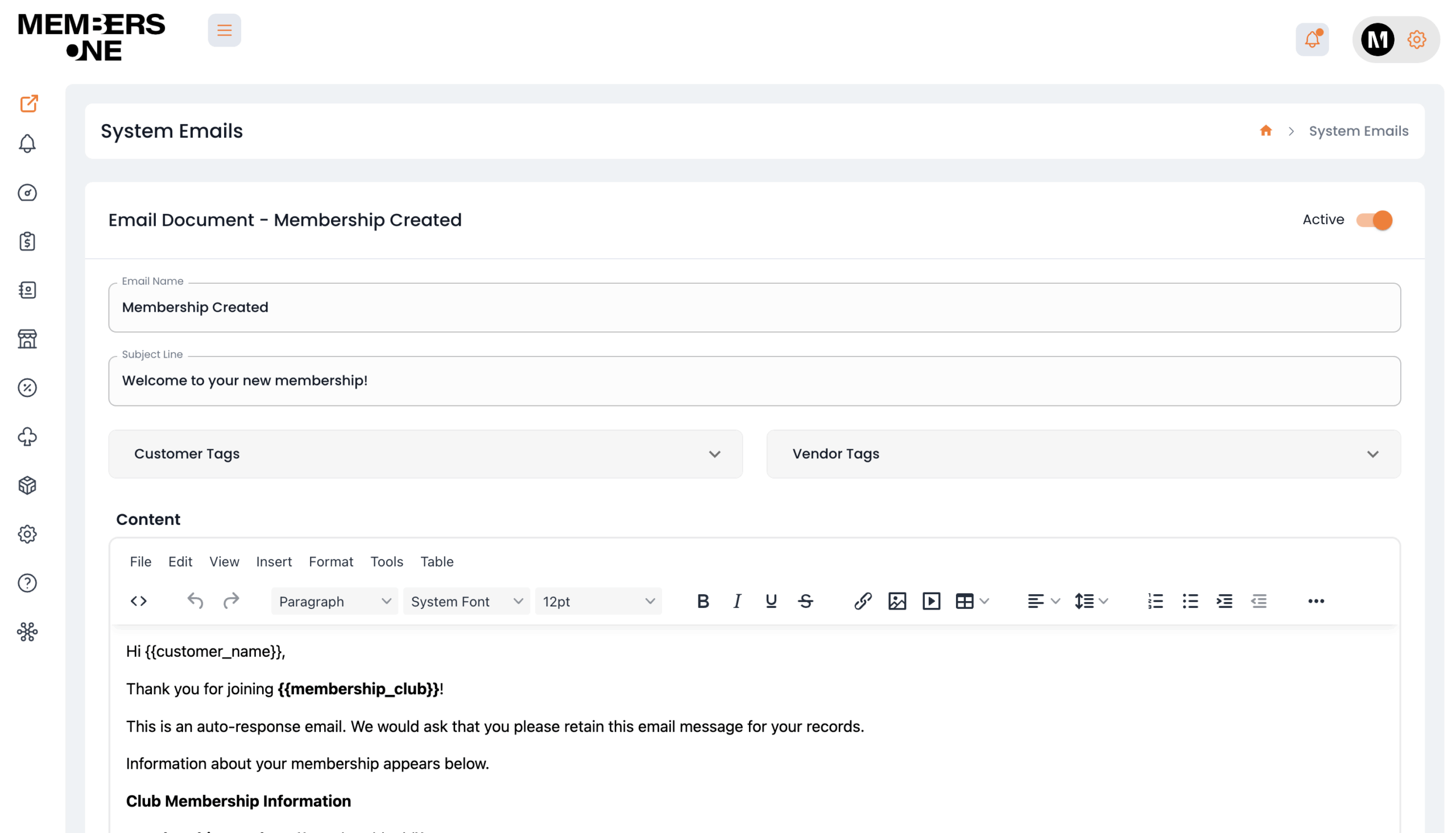 Members One Edit System Email screen in the Members One vendor panel showing a Membership Created email template with editable subject line, content, and customer tags.