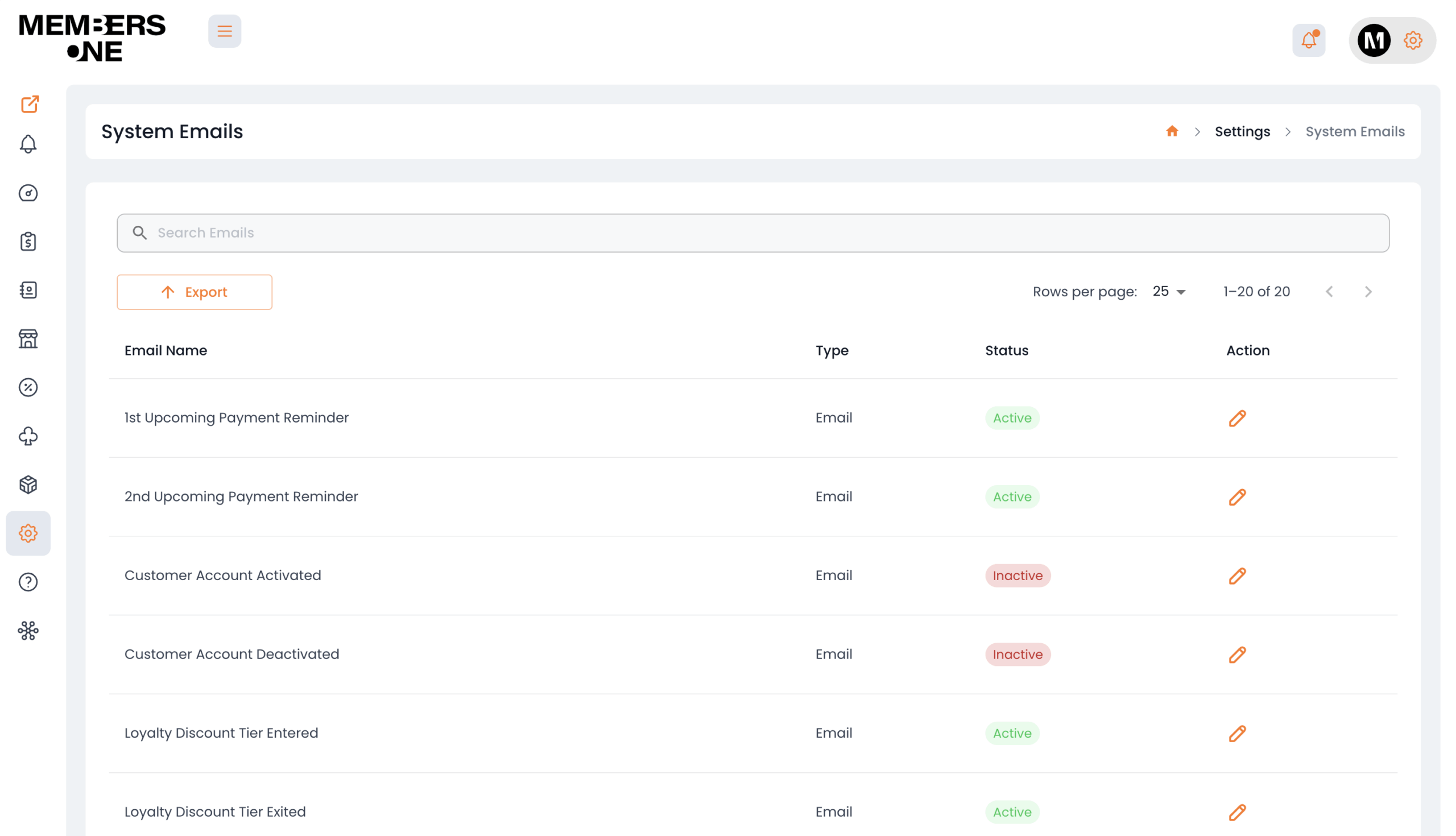 Members One System Emails page in the Members One vendor panel showing a list of automated customer notification emails with active and inactive statuses.