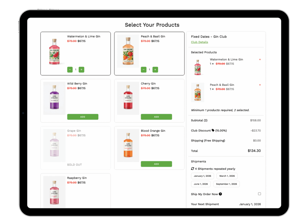 Members One Tablet displaying the Members One product selection widget for a gin subscription club.