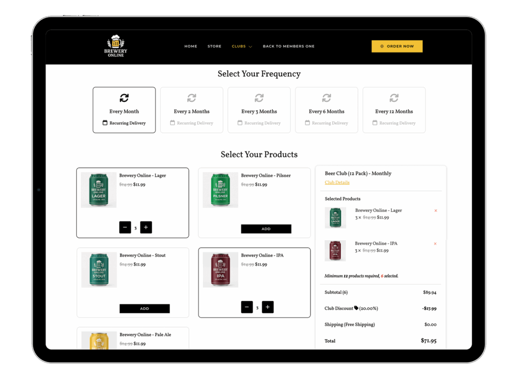 Members One Members One subscription platform showing product selection and checkout options with member features like discounts and auto-complete.