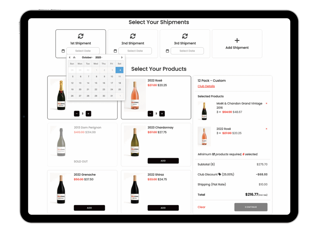 Members One Members One dashboard showing subscription club setup with product selection, shipment scheduling, and automated membership features.