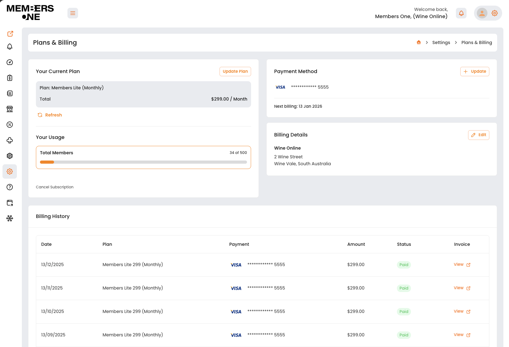 Plans & Billing – Members One Members One