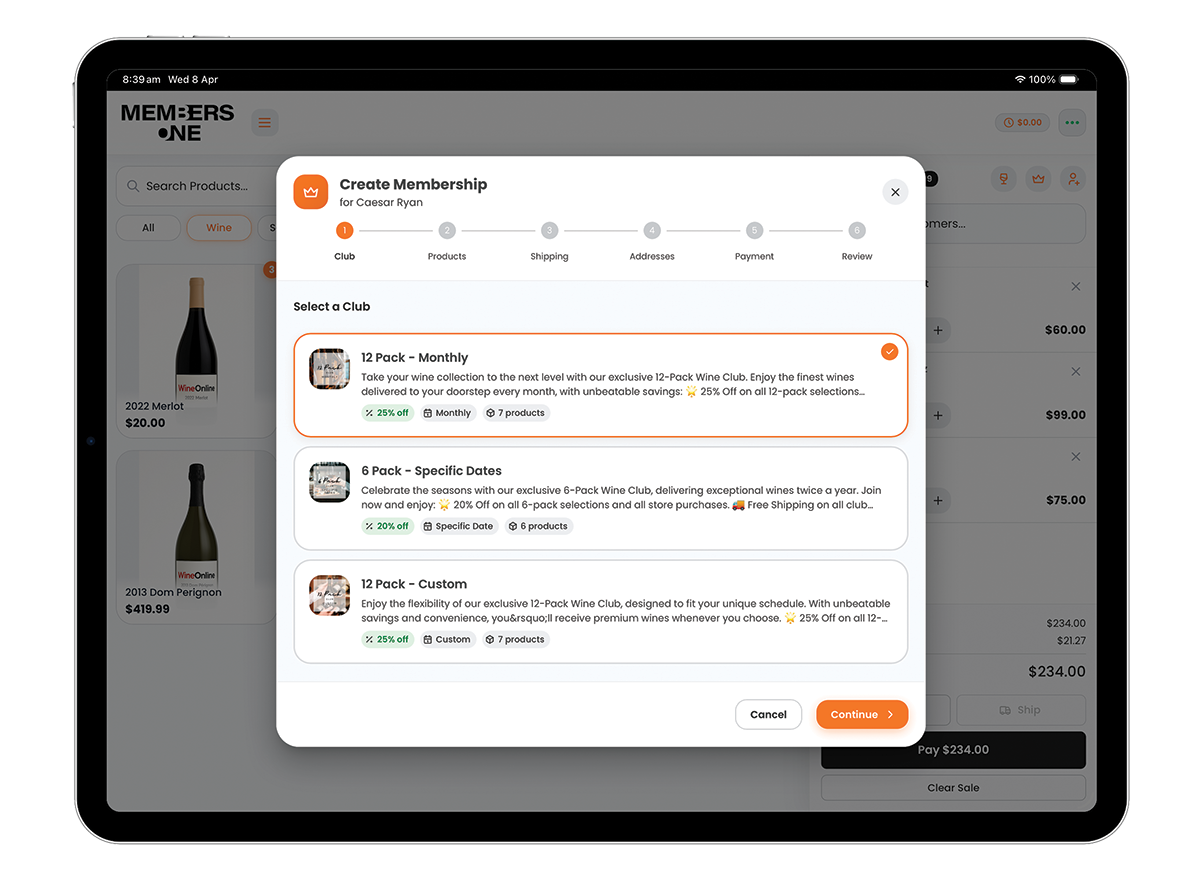 Members One POS club signup modal on tablet showing wine club membership options with pricing, frequency and product details