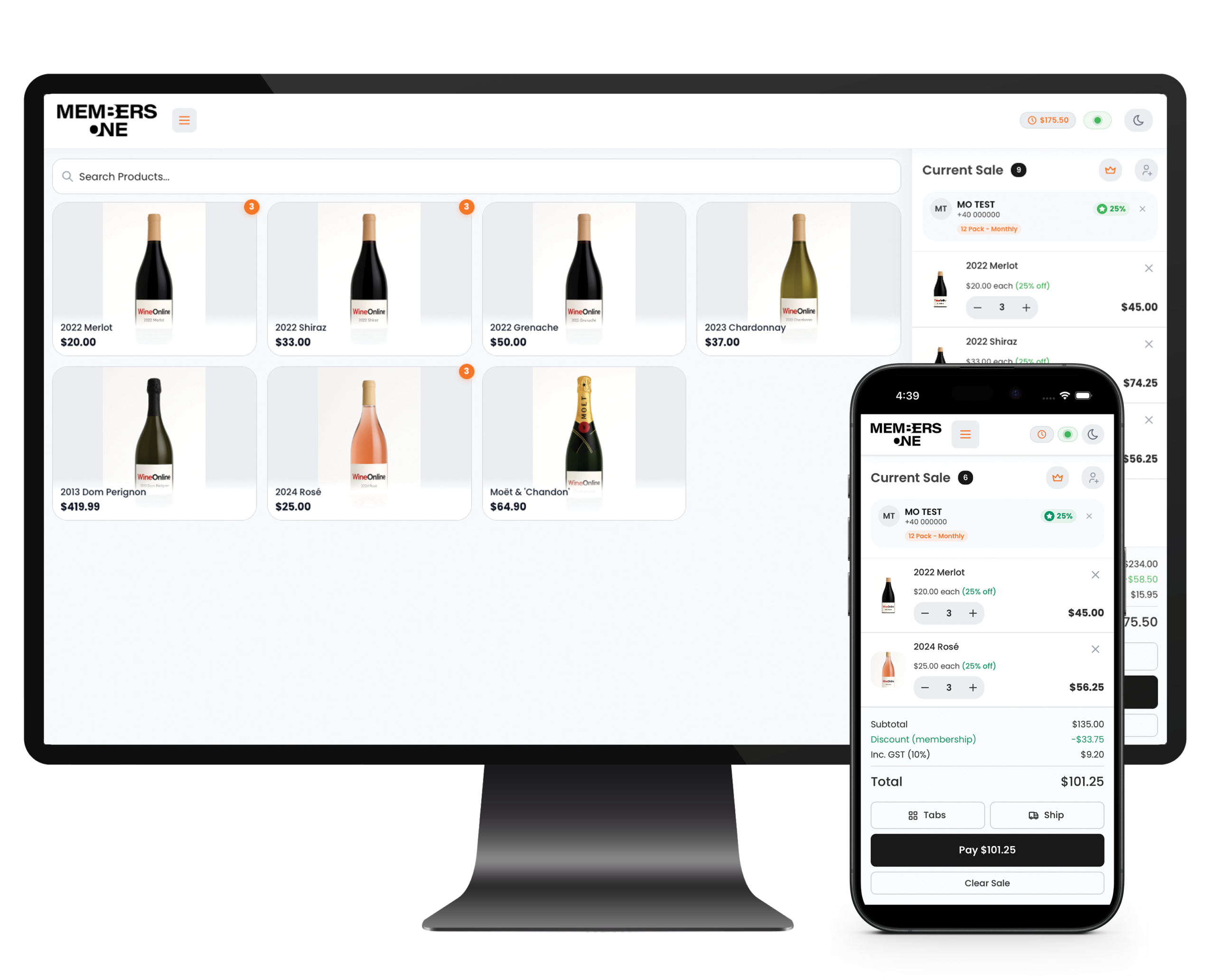 Members One Members One POS interface on tablet and mobile showing wine products, customer order with membership discount applied, and payment screen