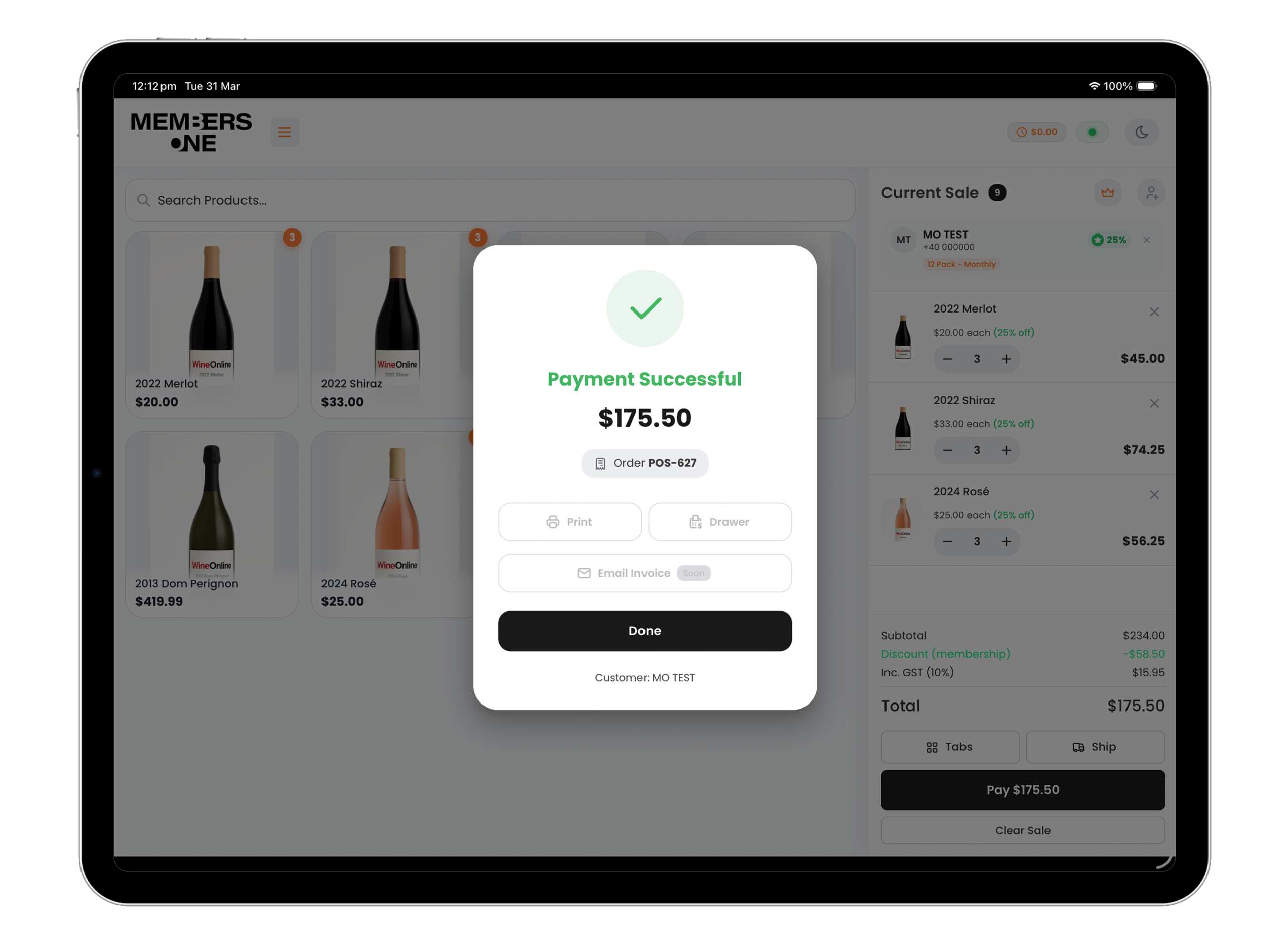 Members One Members One POS payment successful screen on tablet showing order confirmation with print, cash drawer and email invoice options