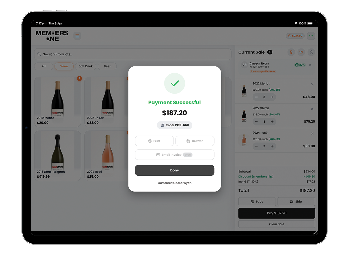 Members One POS payment successful screen on tablet showing order confirmation with print, cash drawer and email invoice options