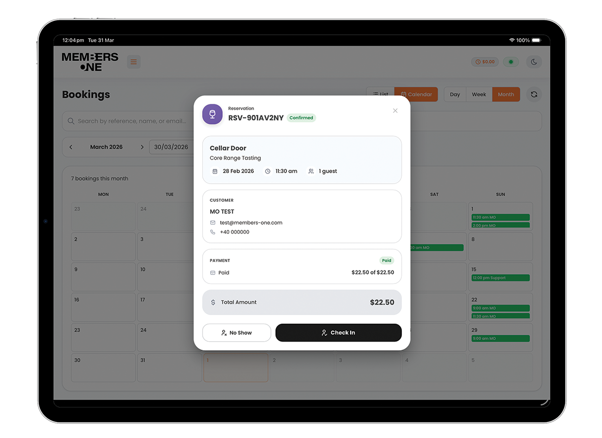 Members One Members One POS bookings screen on tablet showing monthly calendar view with reservation detail modal including customer info, payment status and check-in options